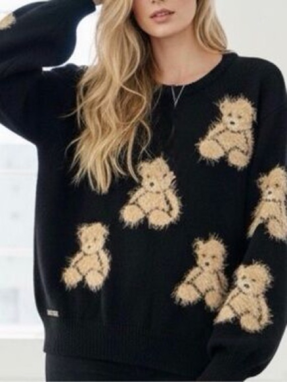 Simply Southern Black Sweater with Beige Teddy Bear Motif size M